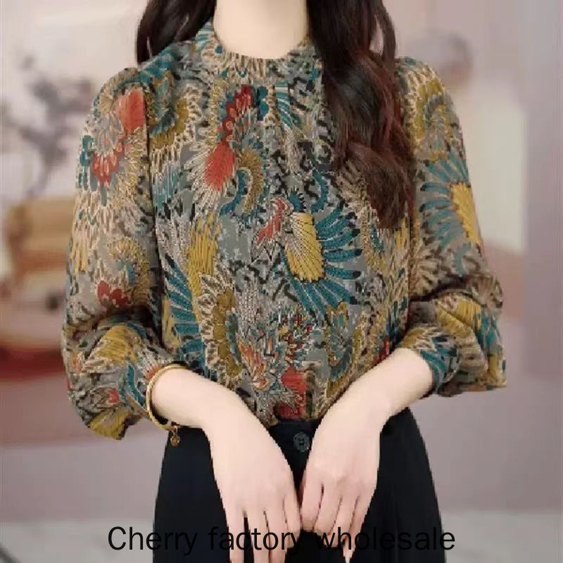 แฟชั่นเสื้อเชิ้ตพิมพ์ลายผู้หญิงแบบใหม่แขนยาวแขนสามส่วนเสื้อชีฟองผู้หญิงเสื้อผ้าชั้นนําราคาขายส่ง