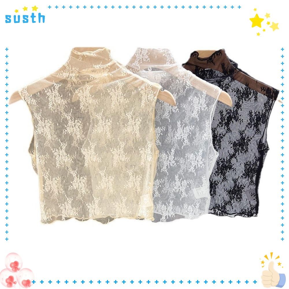 SUSTH ปลอกคอปลอม,ลูกไม้ดอกไม้ Gauzy ปลอกคอปลอม,แฟชั่นสีขาวสีดํา Slim ที่ถอดออกได้เสื้อเสื้อที่ถอดออกได้ผู้หญิง