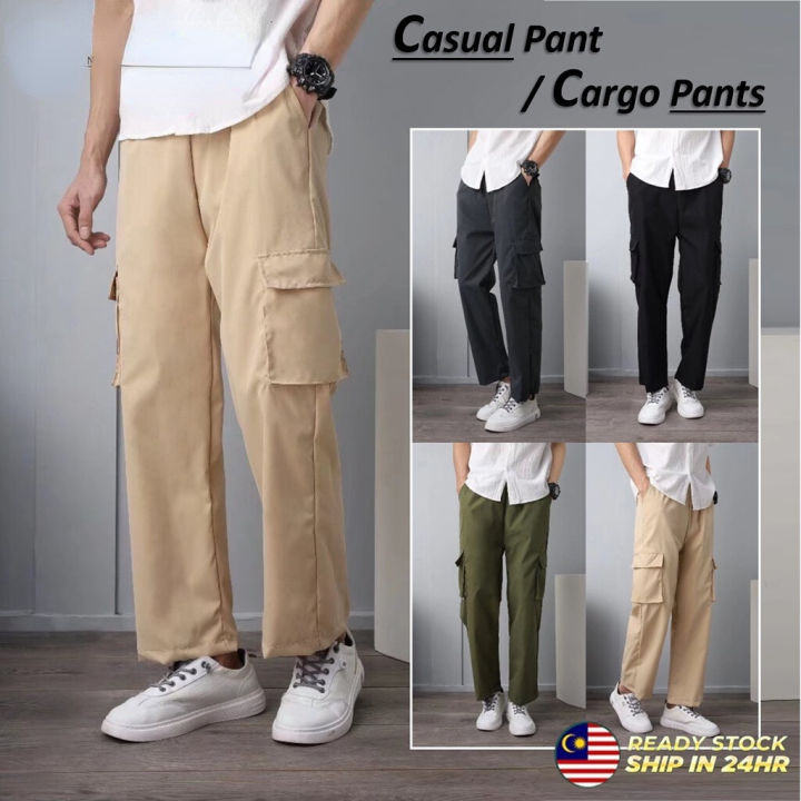 Oversize Khaki Multi-pocket Straight Cut Casual Men Long Couple Cargo Pants Seluar Panjang Lelaki Sl