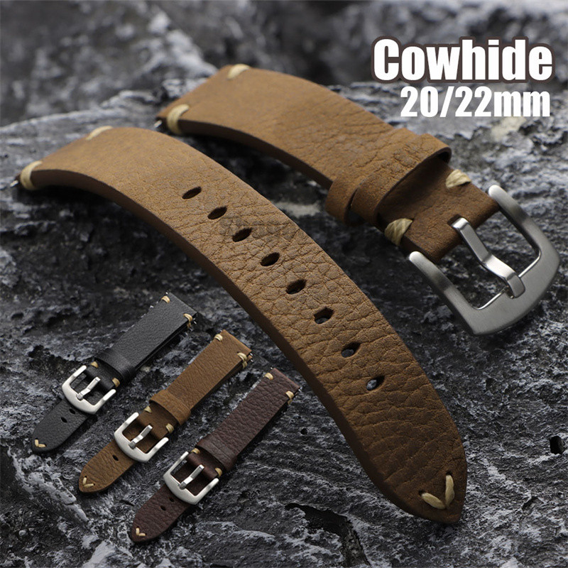 ที่มีคุณภาพสูงแฮนด์เมดวินเทจสายหนังแท้20มิลลิเมตร22มิลลิเมตรนุ่ม หนังวัว สร้อยข้อมือสําหรับผู้หญิงผู้ชายธุรกิจนาฬิกาวงอุปกรณ์