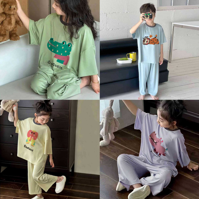 73-170【พร้อมส่ง】ชุดนอนเด็กแขนสามส่วนสี่ส่วน ผ้ามอแดล เนื้อผ้าบางโปร่งอากาศ สำหรับใส่ในห้องแอร์ สำหรับเด็กชายเด็กหญิงในหน้าร้อน ราคา ถูกที่สุด ดีลบีเคเค