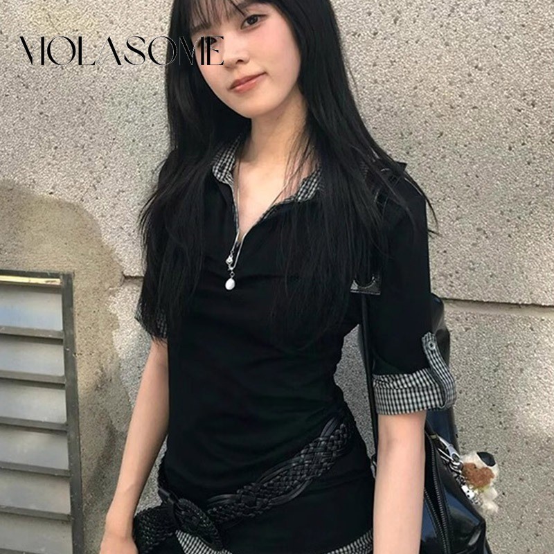 โมลาโซเมะ ผู้หญิง2025เสื้อยืดสีทึบคอวีแขนสั้นแฟชั่นทุกวันสบายๆสลิมฟิตทุกการแข่งขัน