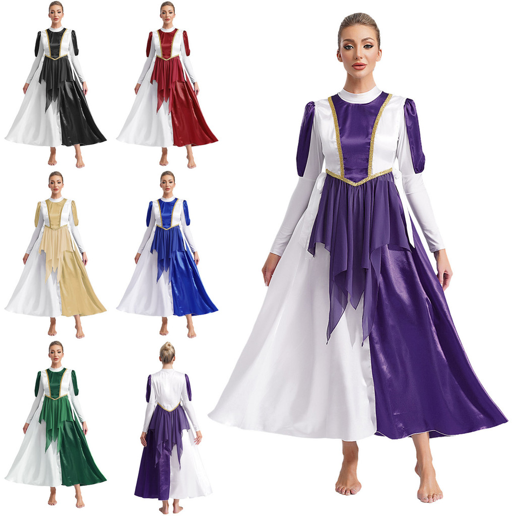 YONGHS Womens Liturgical Dance ชุดบล็อกสีบูชา Dancewear Mock คอแขนยาวชุดด้านข้างแยก Lace-up ไม่สม่ํา