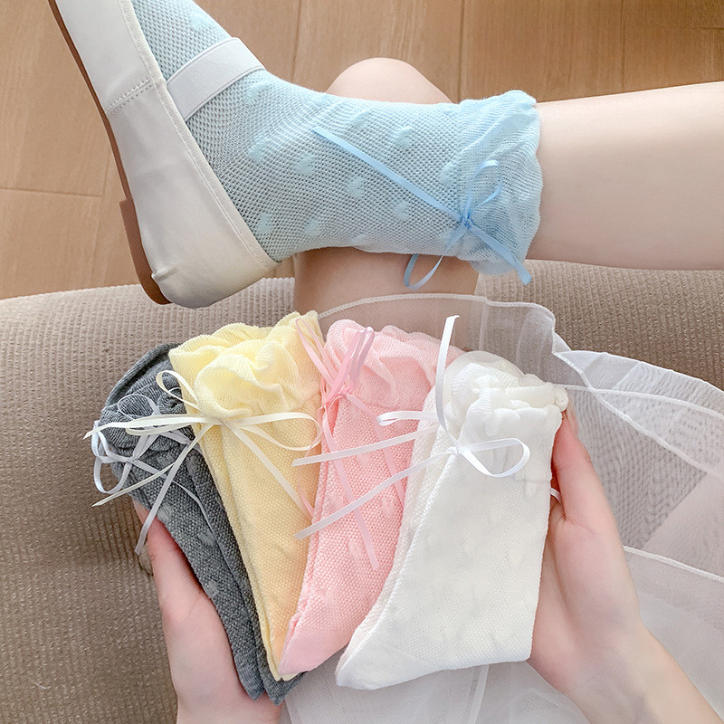 ถุงน่องกลางหลอดของผู้หญิงริบบิ้นบางโบว์ลูกไม้โลลิต้าน่ารักญี่ปุ่นผ้าฝ้ายหวาน