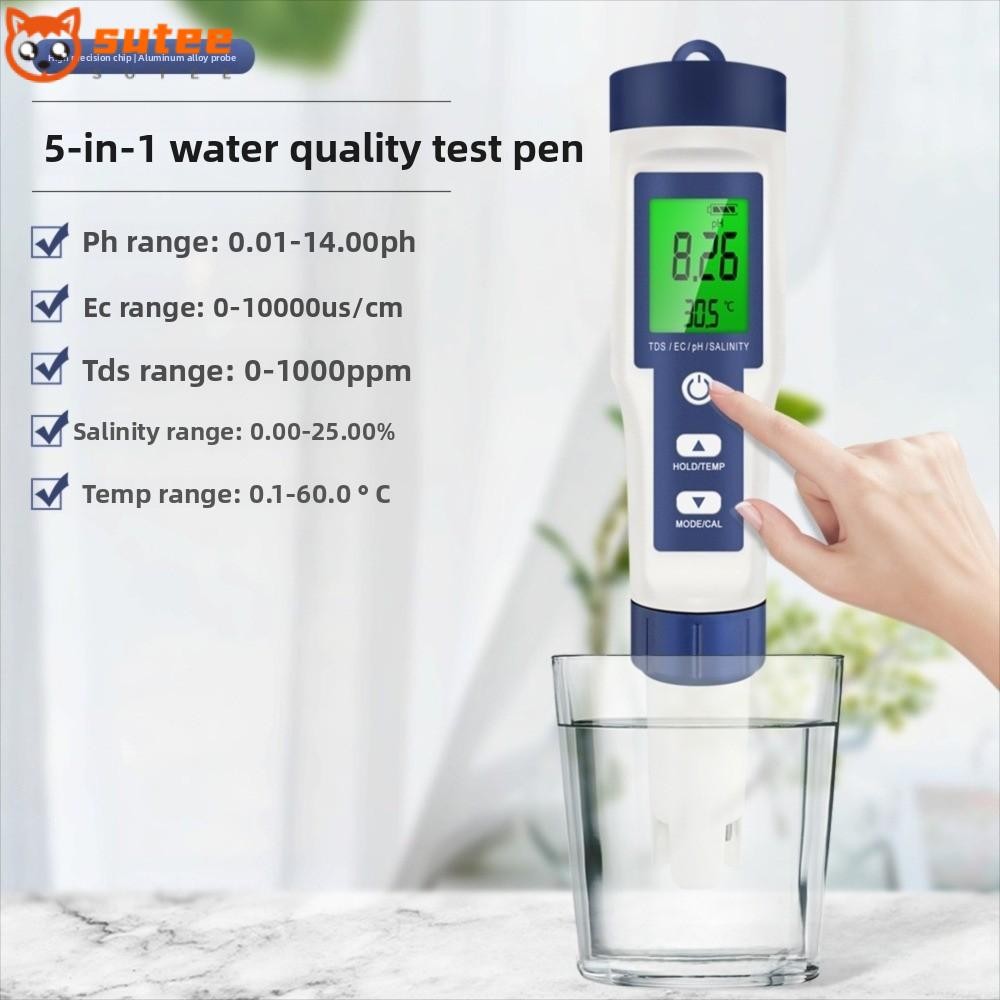 SOTEE Digital TDS Meter, 5 in 1 TDS/EC/PH/ความเค็ม/อุณหภูมิเครื่องทดสอบคุณภาพน้ํา, Professional หน้า
