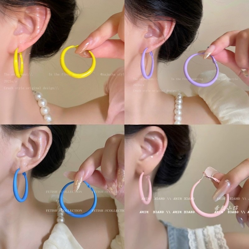 ต่างหู ดีไซน์ทรงกลม สไตล์วันหยุด โลหะผสม y2k  น่ารัก ลำลอง มีหลายสีให้เลือก