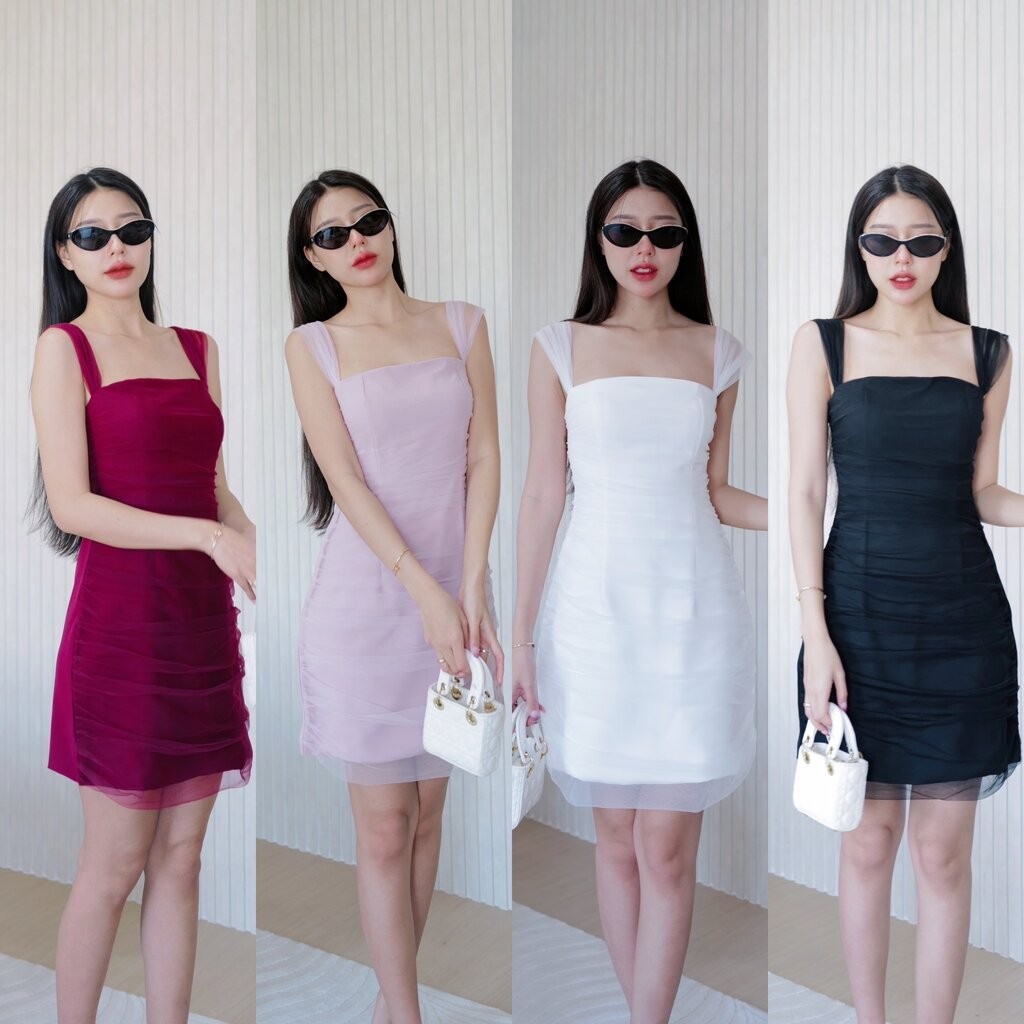 TIFINY DRESS TAG:INTUON เดรสสั้นคอเหลี่ยม แต่งผ้าชีทรู เดรสใส่ออกงานเดรสปาร์ตี้ งานวันเกิด ชุดไปงานแต่ง ชุดตรีมงานแต่ง
