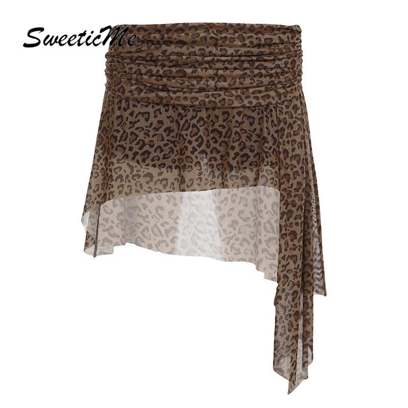 Sweeticme ผู้หญิง 2024 ใหม่แฟชั่น Retro Leopard Slim Fit ตาข่ายไม่สม่ําเสมอกระโปรงมินิ