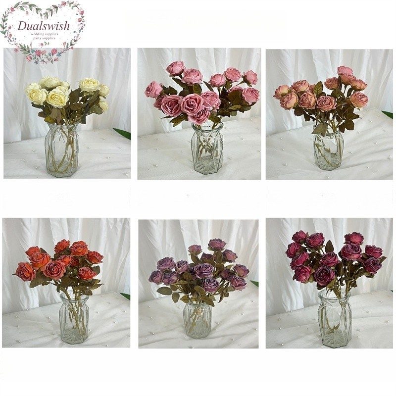 Dualswish ดอกไม้ประดิษฐ์ Withered Bubble Rose Cross-border ขายร้อน Burnt Edge Rose ดอกไม้ปลอมตกแต่งตารางขอบอบ Rose ผ้าไหมดอกไม้
