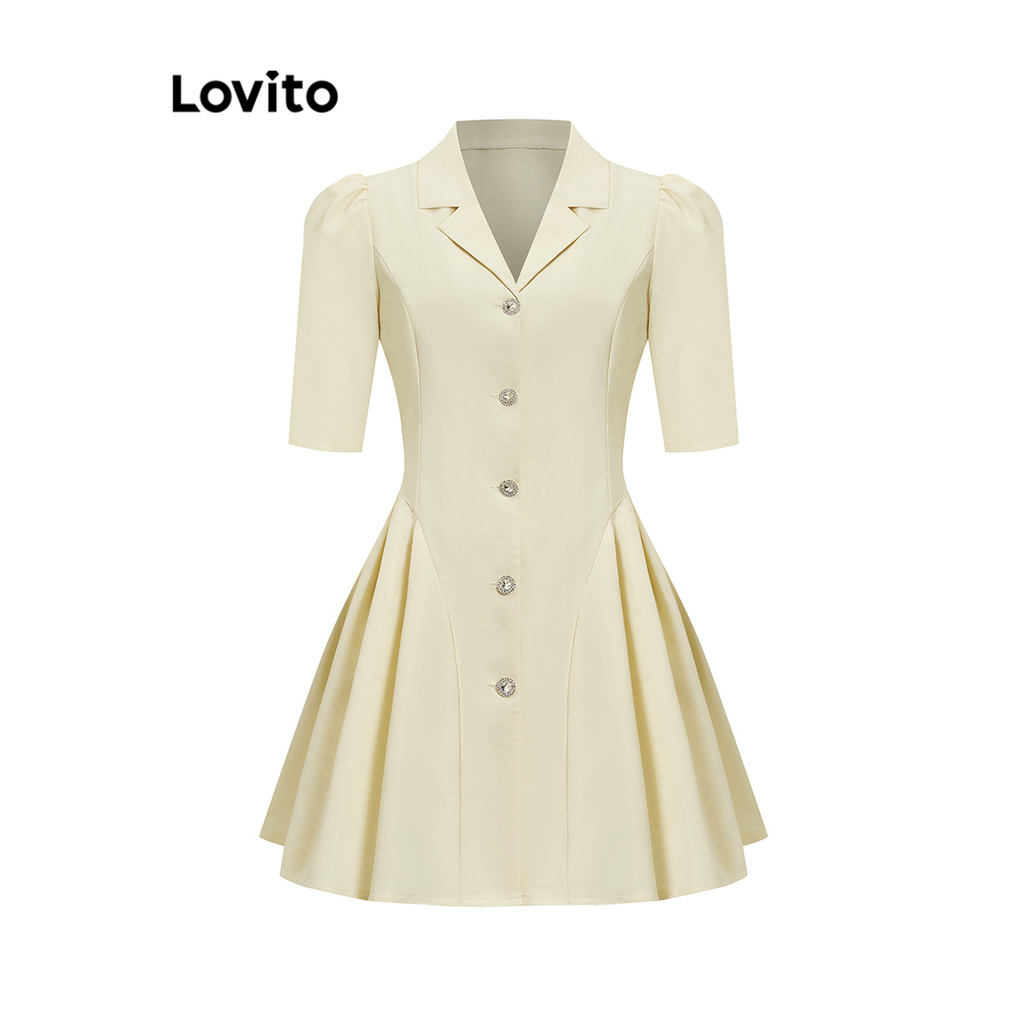 Lovito ชุดเดรสผู้หญิง แต่งจีบ เข้ารูป สีพื้น สไตล์หรูหรา LNL36119 (สีออฟไวต์)