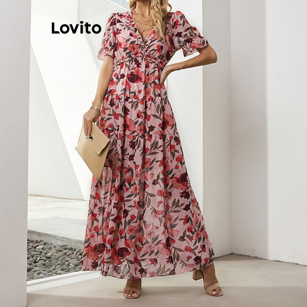 Lovito ชุดเดรสลายดอกไม้ โบโฮ สำหรับผู้หญิง LNL72151