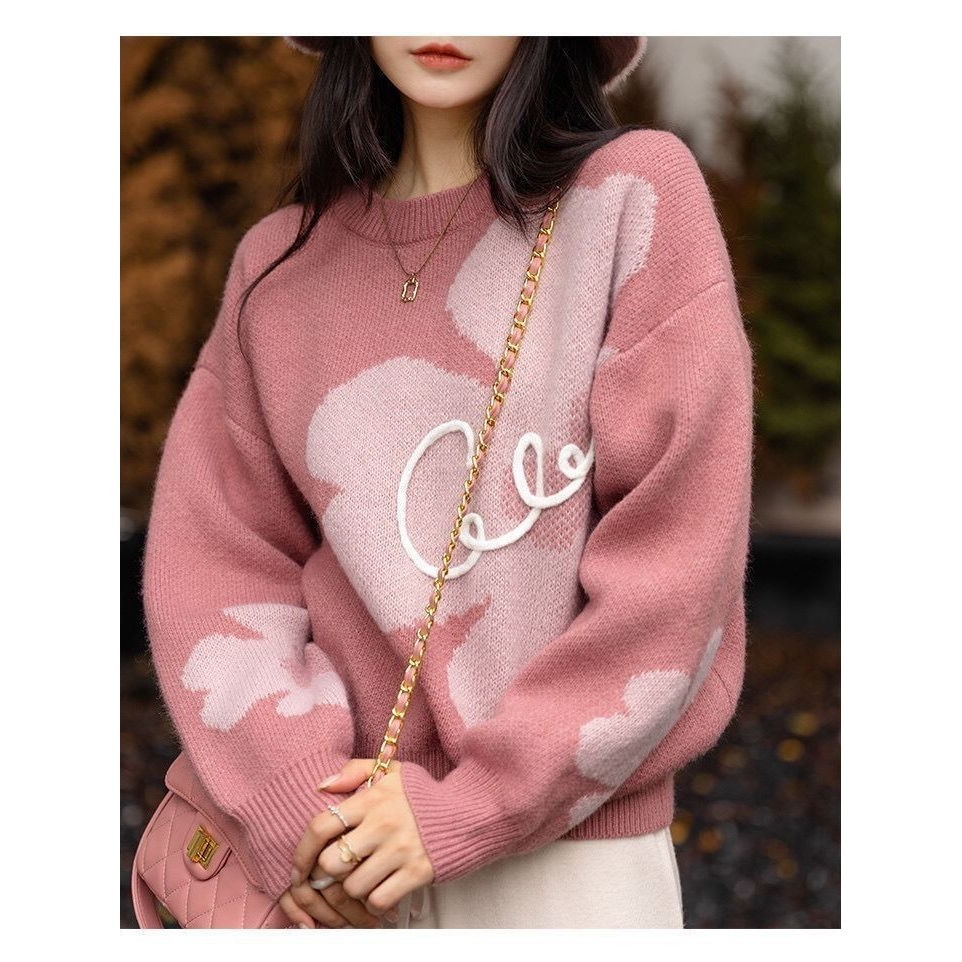 เสื้อสเวตเตอร์ถัก pullover ผู้หญิงพิมพ์ลายดอกไม้หวานและน่ารัก
