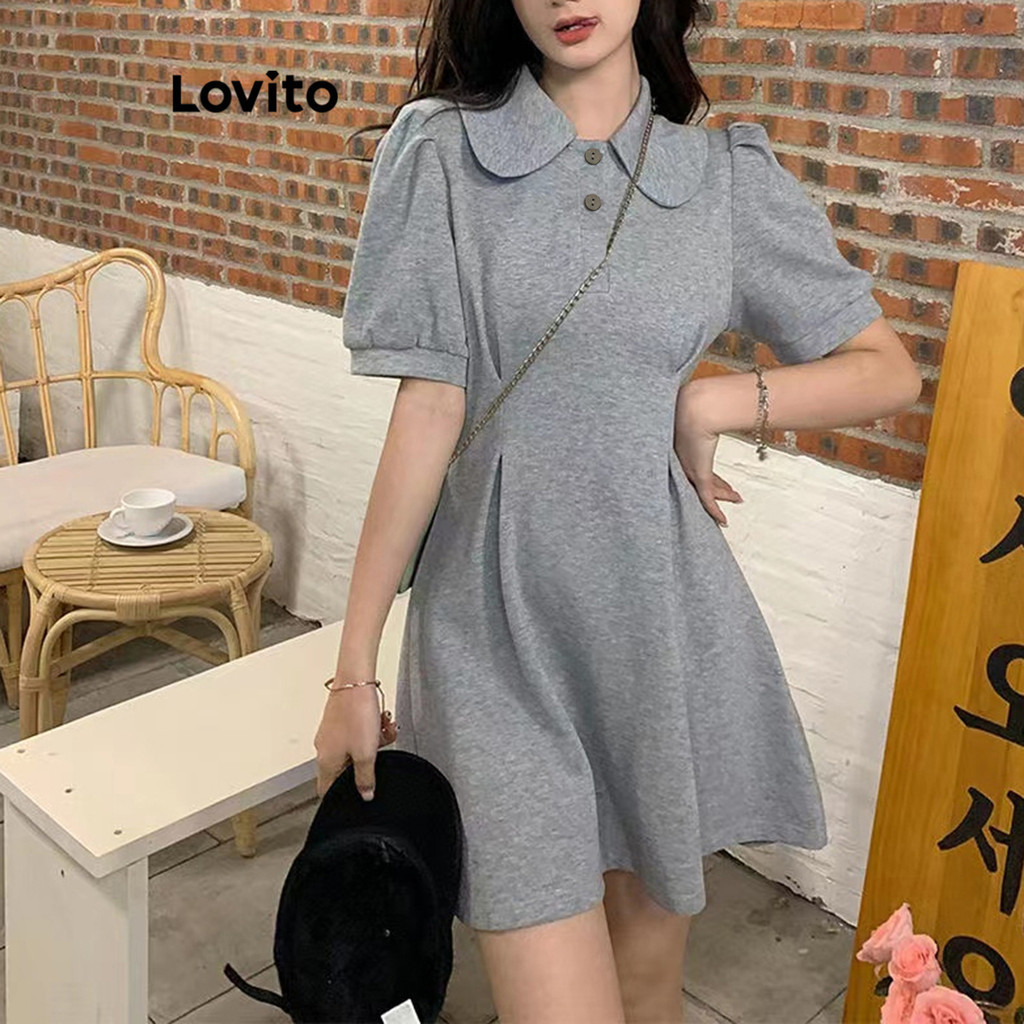 Lovito ชุดเดรสผู้หญิง แต่งกระดุม สีพื้น หรูหรา LNE65158