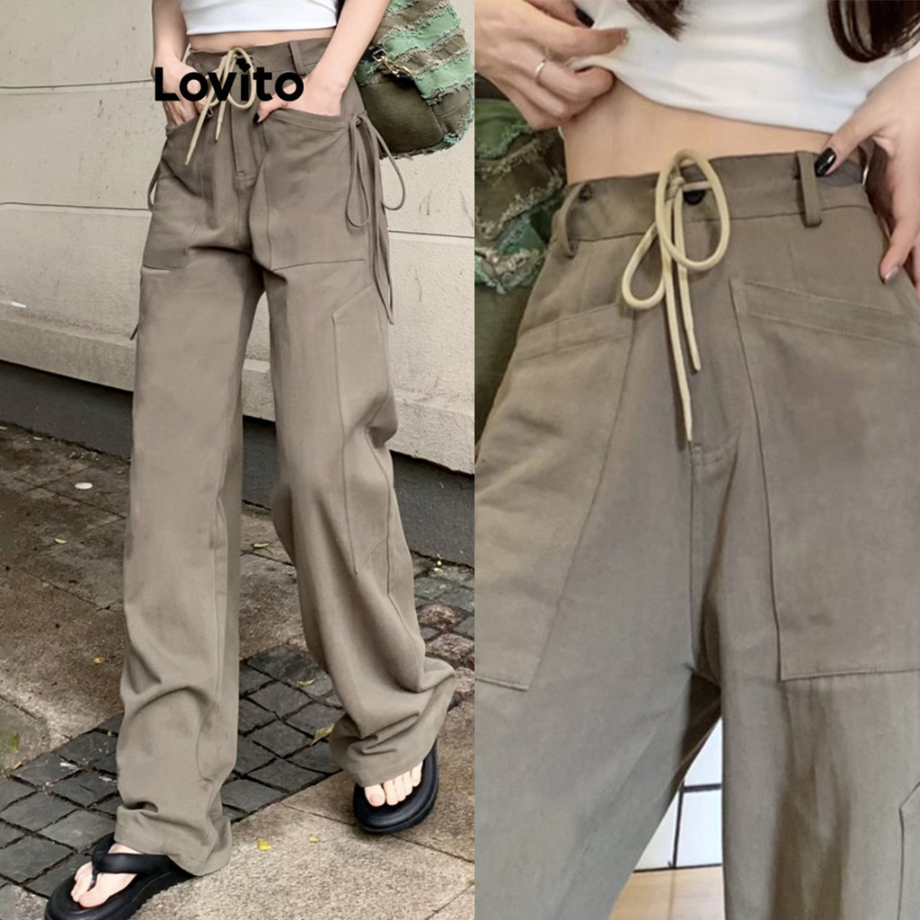 Lovito กางเกงขายาวแบบสบาย ๆ กระเป๋าธรรมดาสำหรับผู้หญิง LNE51307(หลากสี)