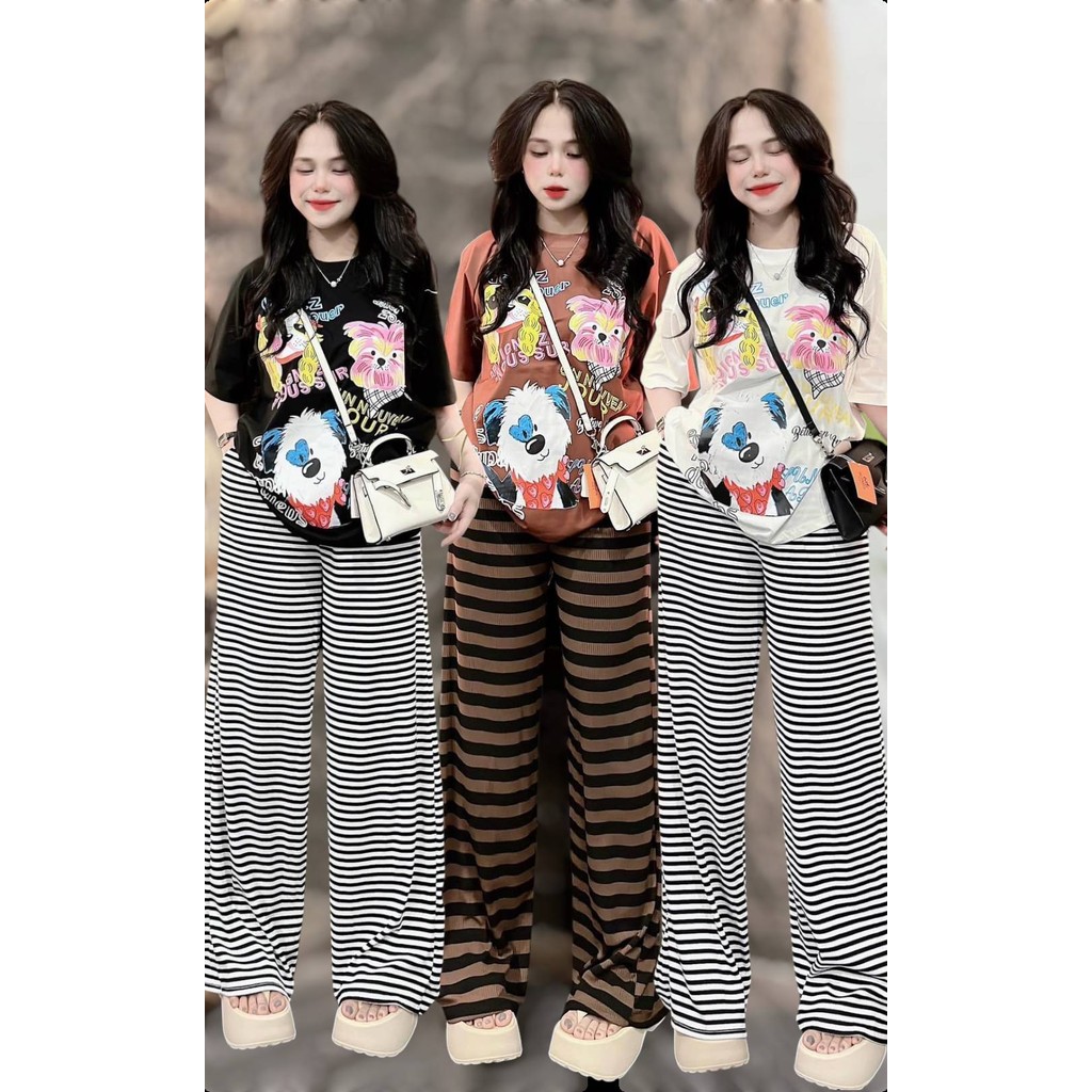 ชุดเซ็ท 2 ชิ้น S248 เสื้อสกรีนลายน้องหมาน่ารัก  เสื้อผ้าแฟชั่นผู้หญิง**พร้อมจัดส่ง**