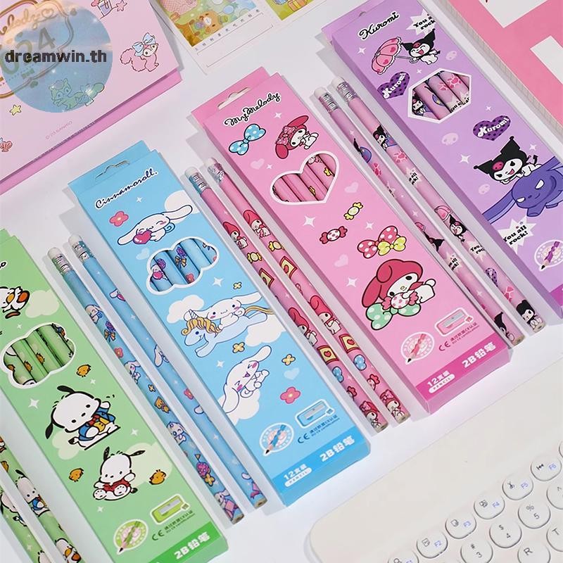 Dreamwin 12 ชิ้น/กล่อง Sanrio ดินสอ Melody Kuromi Cinnamoroll 2B สีดําเขียนวาดดินสอนักเรียนเครื่องเขียนโรงเรียนเด็กของขวัญ th
