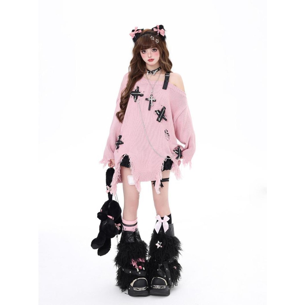 Niche off-the-Shoulder crazygirl Tassel[Women's Ripped Autumn and Winter Original Wide Songya Top]Attribute Sweater