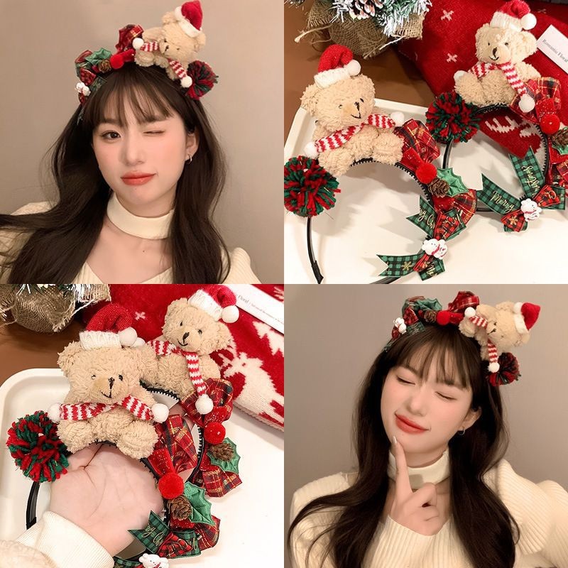 ฤดูหนาวใหม่โบว์ตุ๊กตาหมีน่ารักคริสต์มาสคาดศีรษะสําหรับเด็กผู้หญิงหวานการ์ตูนแฟชั่น หมวก