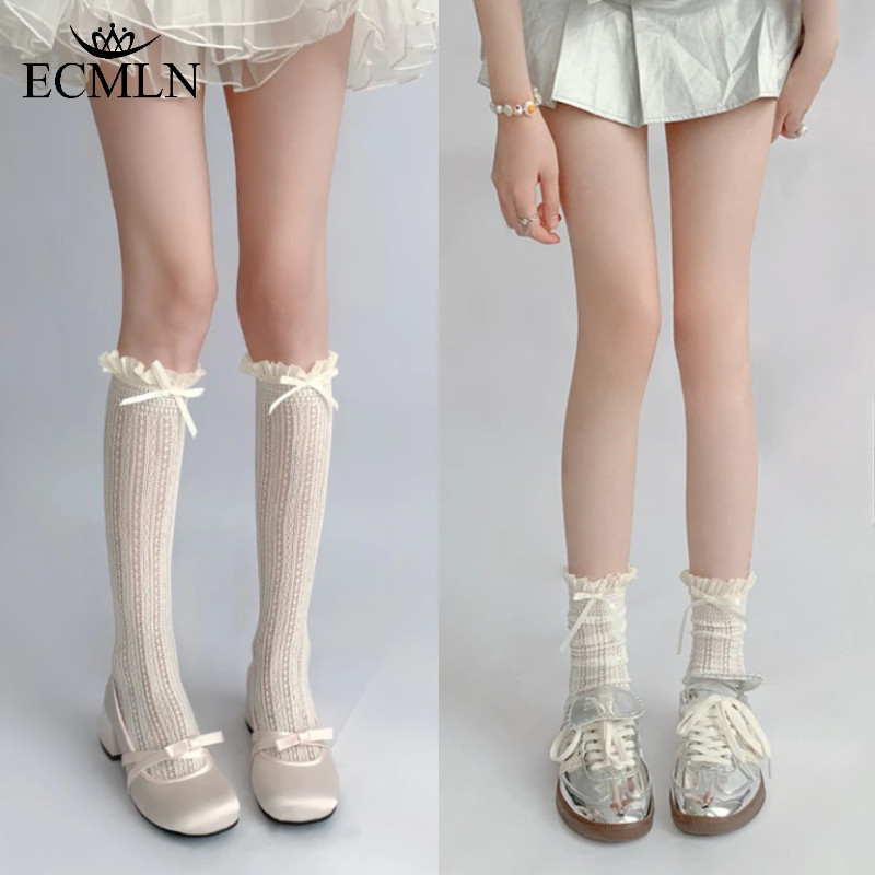 Ecmln LuolitaJK ถุงเท้าโบว์ญี่ปุ่นตาข่ายกองถุงเท้าผู้หญิงถุงเท้าลูกวัวลูกไม้บางเฉียบ