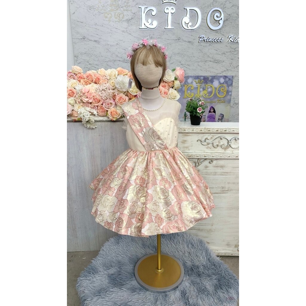 Tชุดราตรีเด็ก(หน้าร้านอยู่รัชดา ลองได้ถ่ายรูปจากชุดจริง)W19044สีโอรส ผ้าแจคการ์ด