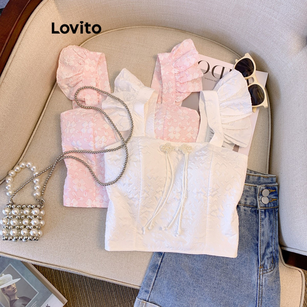 Lovito เสื้อแขนกุดผู้หญิง ผ้าแจ็คการ์ด แต่งมุก แขนแต่งระบาย สีพื้น สไตล์ลำลอง LNE34080 (หลากสี)