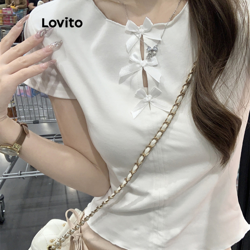 Lovito เสื้อยืดผู้หญิง แต่งโบว์ สีพื้น สไตล์ลำลอง LNE67410