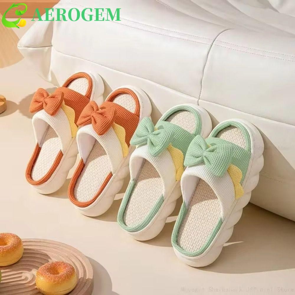 Aerogem 1 คู่ Bowknot ผู้หญิงผ้าลินินรองเท้าแตะ,ลื่นหนา Bowknot รองเท้าแตะ,รองเท้า Comzy Toe และ Hole รองเท้าแตะ Bowknot Soft ผู้หญิงสไลด์คู่
