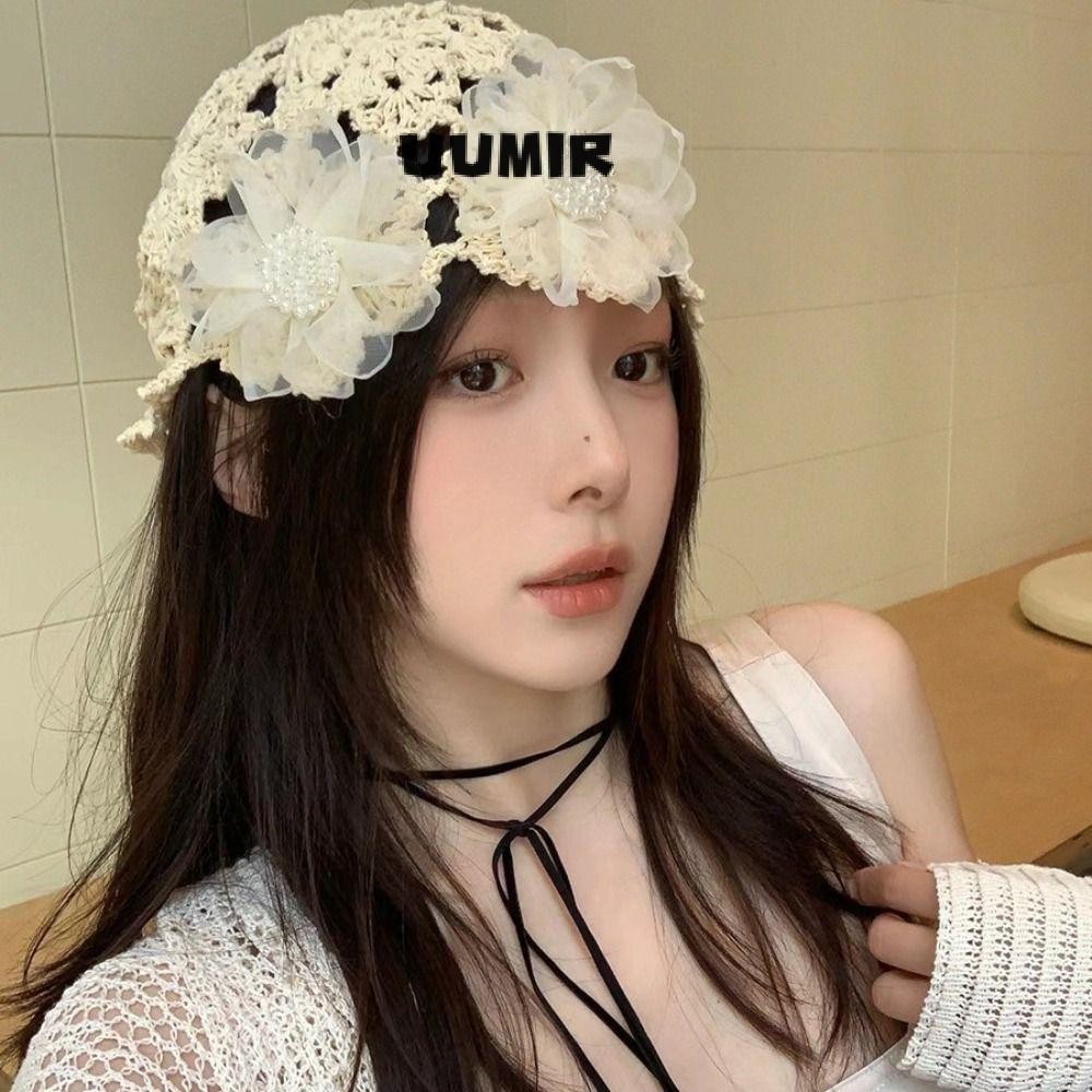 UUMIR หมวกเบเร่ต์ หมวกถักลูกไม้ลายดอกไม้ หมวกทรงหัวกะโหลกแบบกลวงระบายอากาศสำหรับผู้หญิง