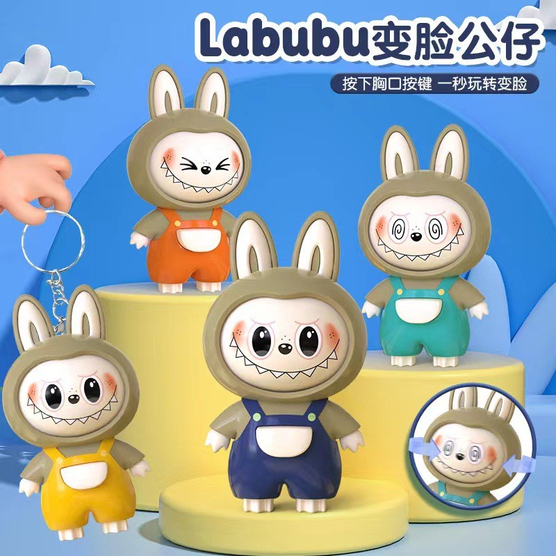 Labubu สามเปลี่ยนพวงกุญแจ Face Labubu ตุ๊กตาการ์ตูนรูปร่าง Decompression พวงกุญแจกระเป๋าเครื่องประดับ
