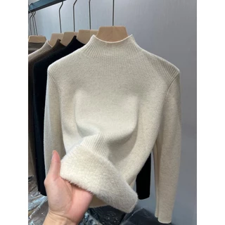 เสื้อตัวในถักบุขนกำมะหยี่หนาพิเศษสำหรับฤดูหนาวเสื้อสเวตเตอร์สวมหัวขนแกะชิ้นเดียวสำหรับผู้หญิงเสื้อตัวในที่ให้ความอบอุ่นสีล้วน Huuma กำมะหยี่กริด n9ma