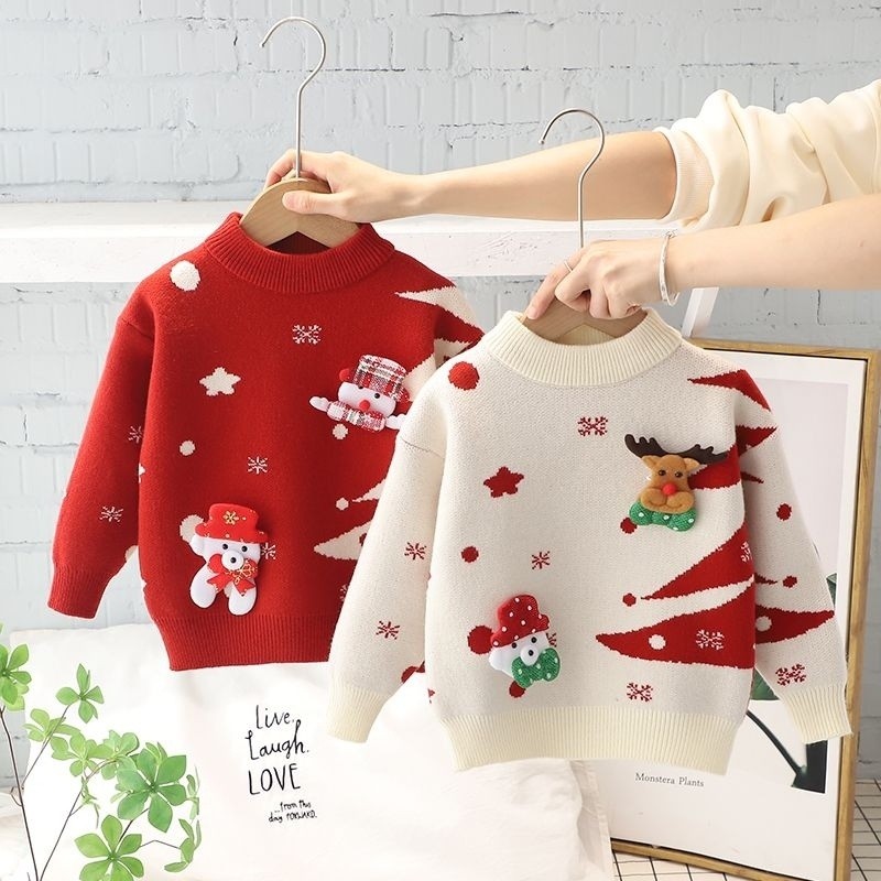 [พร้อมสต็อก] เด็กเสื้อกันหนาวสีแดงชายหญิงเสื้อผ้าปีใหม่สาวน้อยคริสต์มาสท็อปส์หนาขนาด80-130
