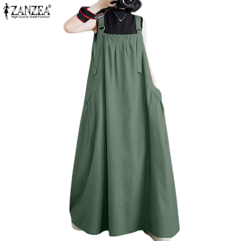 ZANZEA ใส่ ซานเซีย ผู้หญิงเกาหลีสบายๆสีทึบจีบตารางปกปรับสายรัดกระโปรงแขวน