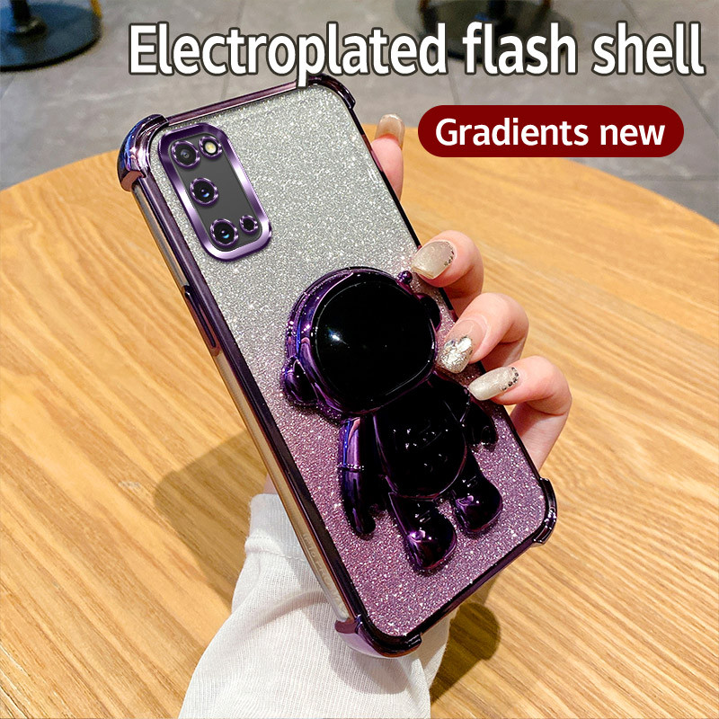 SAMSUNG หรูหราglitterมุมกันชนนักบินอวกาศผู้ถือanti-droppingซิลิโคนเคสโทรศัพท์สําหรับsamsung S20 FE S21 S21 FE S21 Plus S21 Ultraปกหลังสีม่วงสีดําหญิงสาวเคสโทรศัพท์