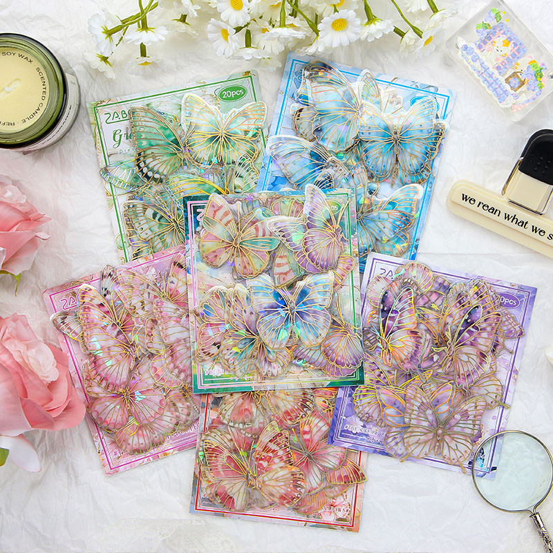 20 ชิ้นสีสัน Dreamy Butterfly Series 3D สติกเกอร์เลเซอร์สมุดภาพ Deco DIY สติกเกอร์ผีเสื้อสติกเกอร์โฮโลแกรม