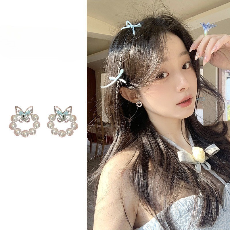 ต่างหูมุกผีเสื้อสีฟ้า PIercing ต่างหูอุปกรณ์เสริมผู้หญิงเด็กผู้หญิง