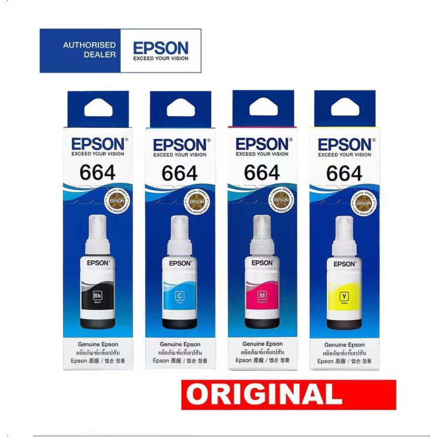 (พร้อมกล่อง)EPSON 664 หมึกแท้ 100%/ราคาถูก (L100/ 110/ 120/ 200/ 210/220/ 300/310/ 350/ 355/ 360/ 365) 4 สี BK, C, M,Y