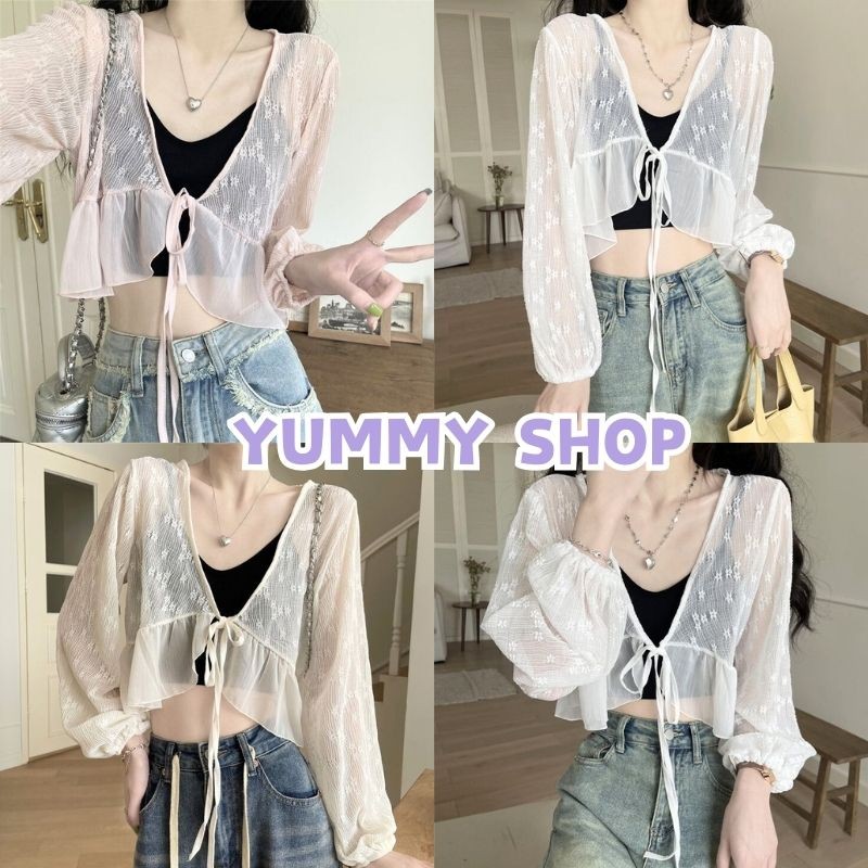 🎀Yummy Shop🎀พร้อมส่ง【95141】เสื้อคลุมผ้าซีทรู ถักไหมพรม ลวดลายลูกไม้เบาบาง แขนยาว  -C