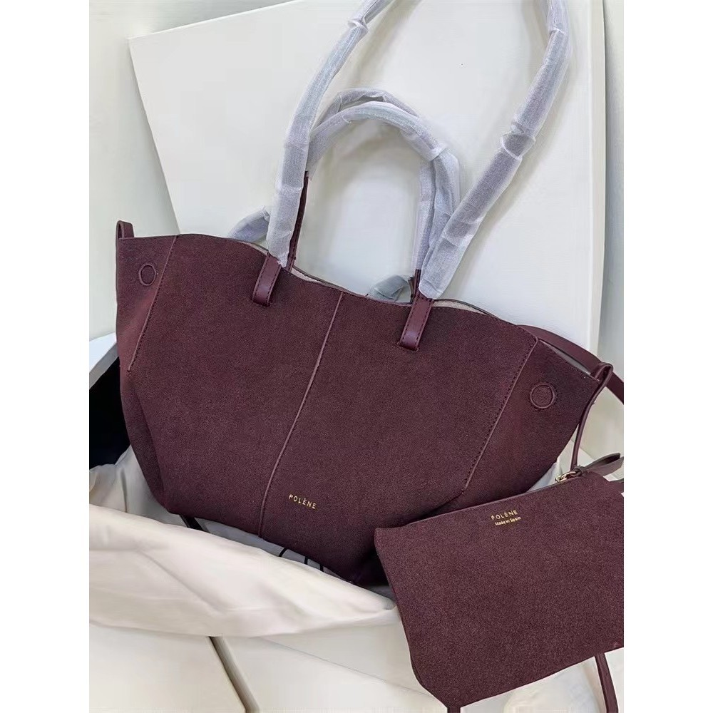 POLENE ใหม่ Tote Bag, French Niche Suede Wing Bag, กระเป๋าสะพายความจุขนาดใหญ่กระเป๋าถือ