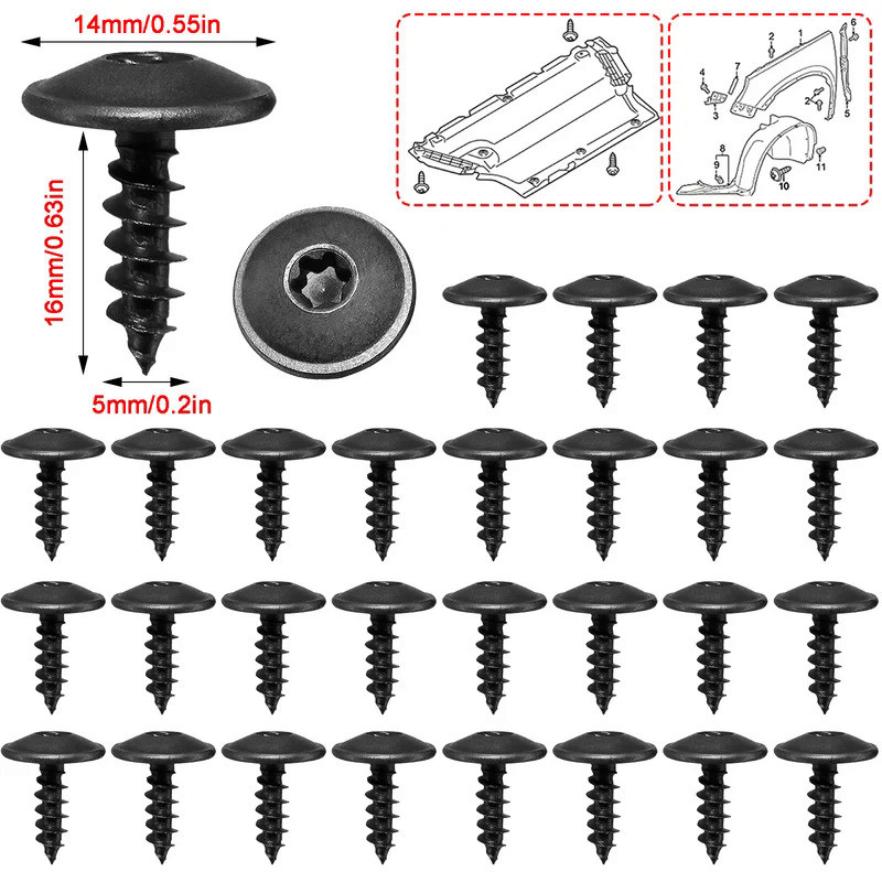 30Pcs 5mm For Audi A4 A3 A5 A6 A7 A8 Q5 VW Golf Passat Black Torx Screw Car Engine Under Cover Splas