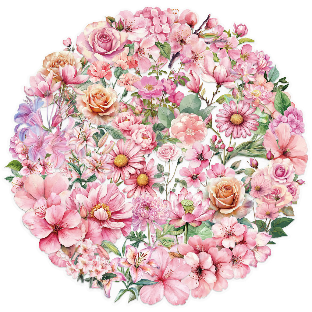 50 ชิ้น Pink Flowers PET Plastic Transpanent Stickers