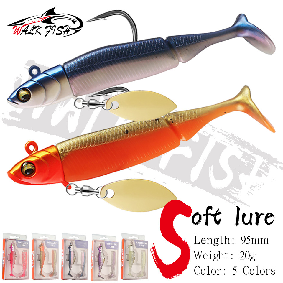 เดินปลา 1 กล่อง 95 มม./20 กรัมประเภทปลาซิลิโคน Soft Lure Jig Head 3D Eyes T-tail Fishing Lure พร้อมตะขอ