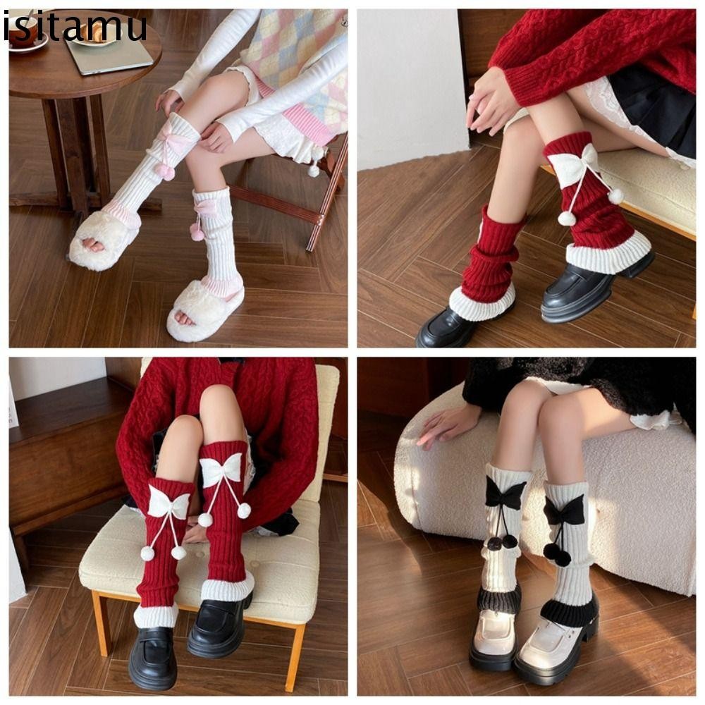 Isitaft JK Lolita ถุงเท้าขา, ญี่ปุ่นยาวโบว์ถักถุงเท้าขา, แฟชั่น Y2k Harajuku บัลเล่ต์คริสต์มาสเข่าถุงเท้าผู้หญิง