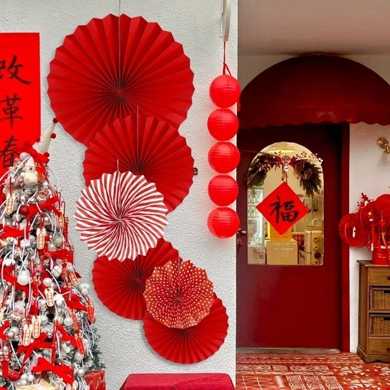 6 ชิ้น/เซ็ตปีใหม่สีแดงพับกระดาษพัดลม-บ้านเทศกาลฤดูใบไม้ผลิพรรคแฟนดอกไม้ตกแต่งจี้-ผนังพื้นหลังเครื่องประดับ - รูปที่ 5