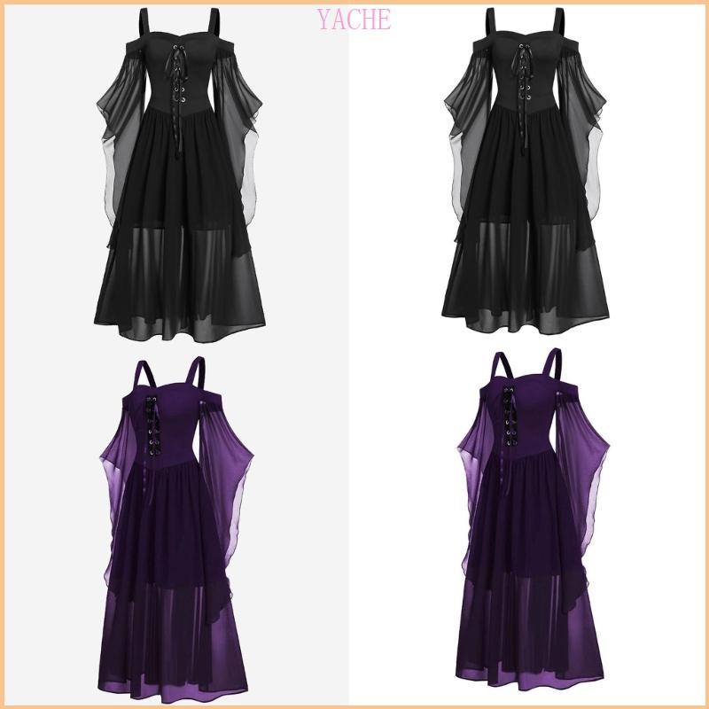 Gothic Halloween Dress Costume A line Lace Maxi Dresses with Butterfly Sleeves