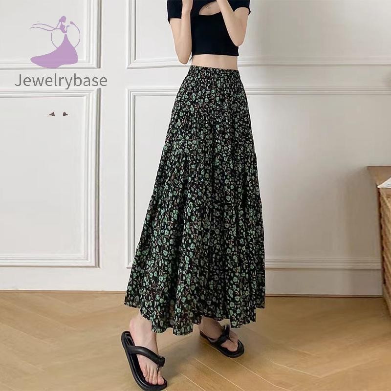 [jewelrybase] แฟชั่นหลวมหวาน Midi Retro เอวสูงกระโปรงลายดอกไม้สีเขียวสําหรับผู้หญิงบูติก