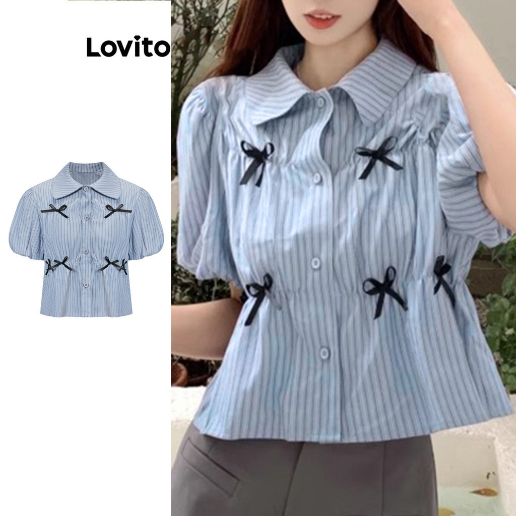 Lovito เสื้อเบลาส์ ลายทาง ประดับโบว์ด้านหน้า สําหรับผู้หญิง L82AD021