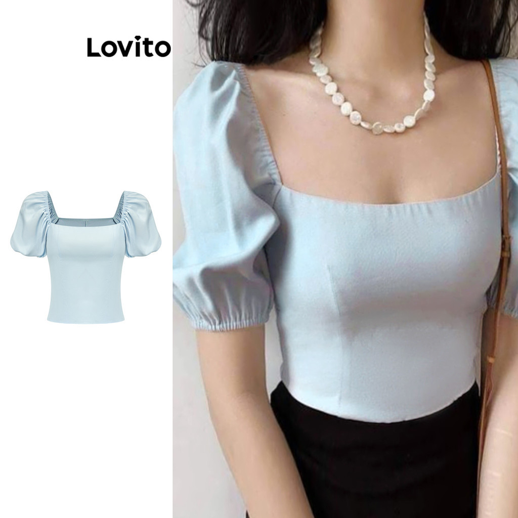 Lovito เสื้อเบลาส์ทรงจีบเรียบหรูสำหรับผู้หญิง L95ED063