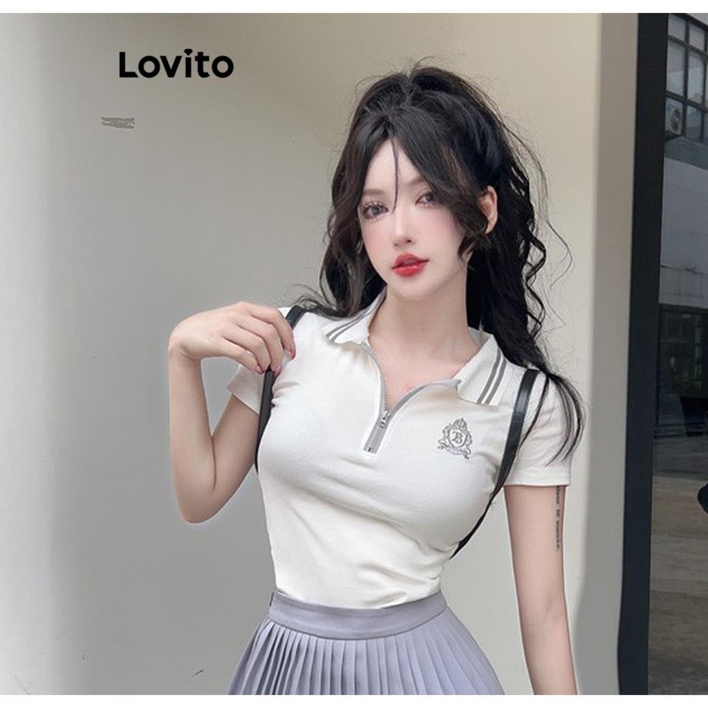 Lovito เสื้อยืดผู้หญิง มีซิป สีพื้น สไตล์ลำลอง LNA60080