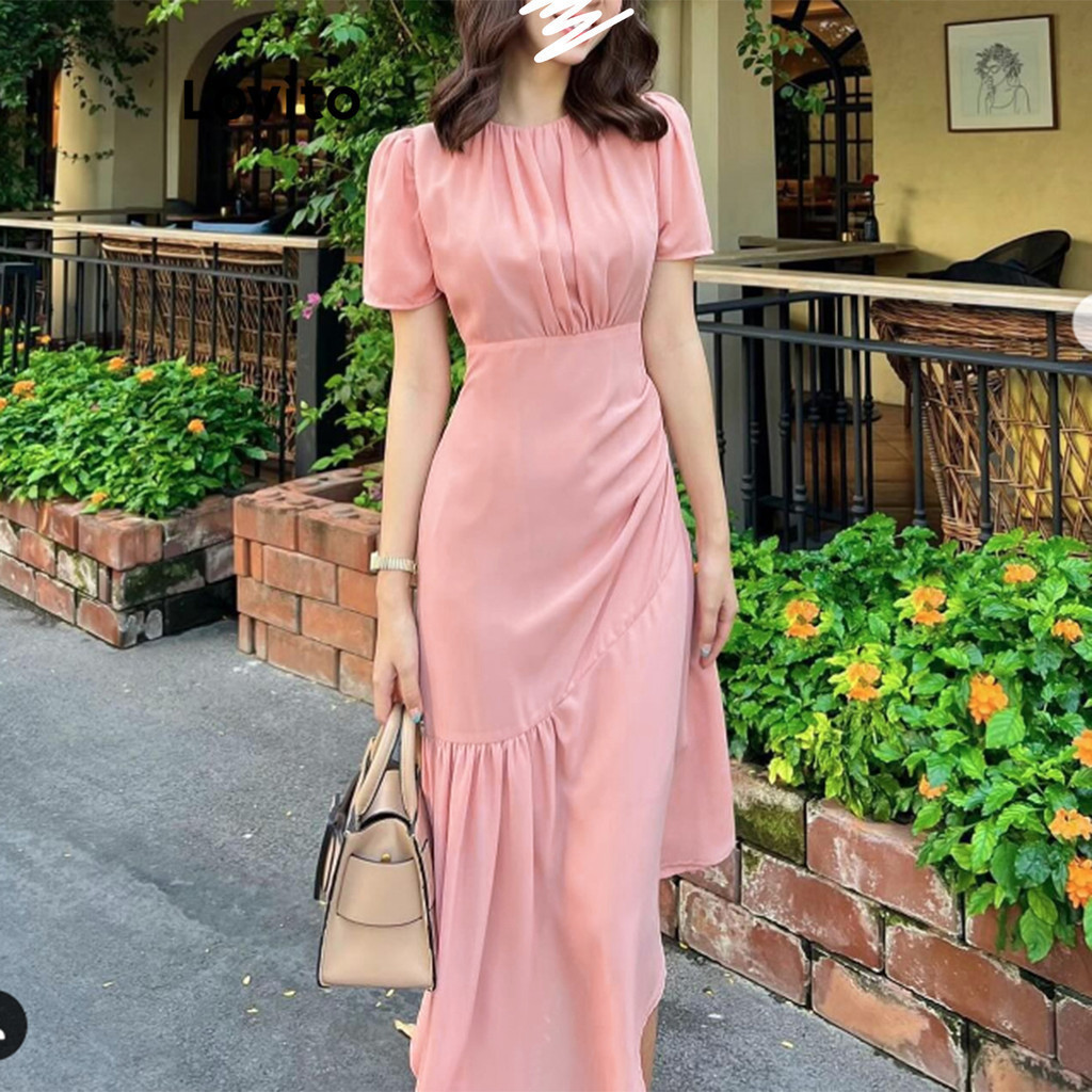 Lovito ชุดเดรสผู้หญิง อสมมาตร แต่งจีบ สีพื้น สไตล์ลำลอง L86ED343