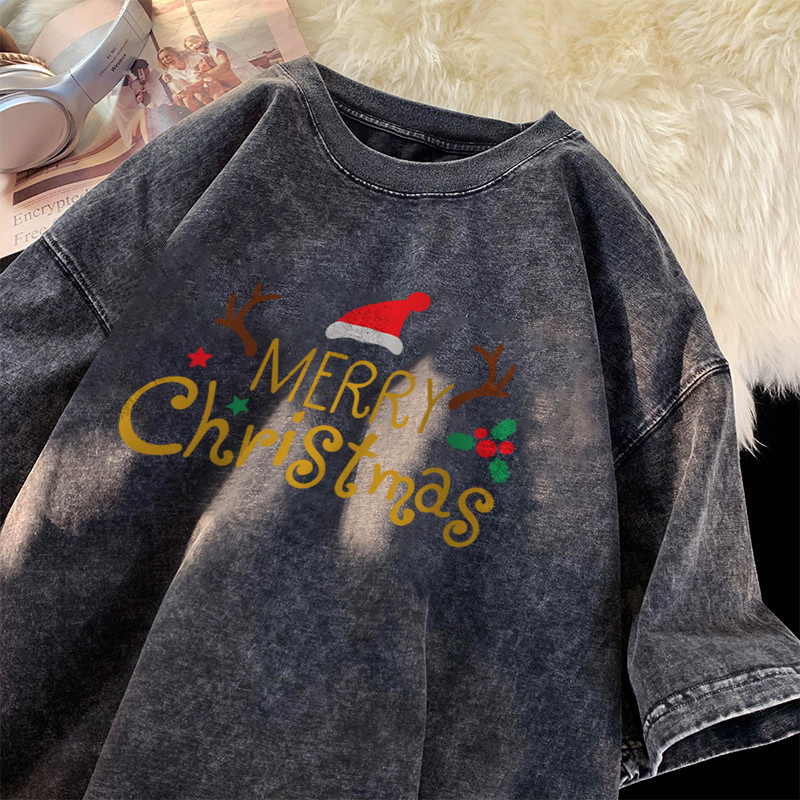 (จัดส่งตลอด 24 ชั่วโมง)Woo Right ผ้าฝ้าย100% เสื้อ christmas เสื้อยืดผ้าฟอก oversize ผ้าคอตตอน100% สไตส์อเมริกา L001111